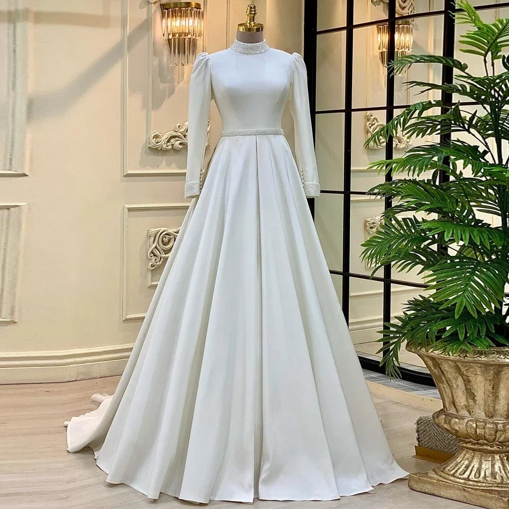 Elegant Ivory Satin High Neck Wedding Dresses Modest A-Line Long Sleeve Bridal Gowns For Bride Dubai suknia ślubna WHITE