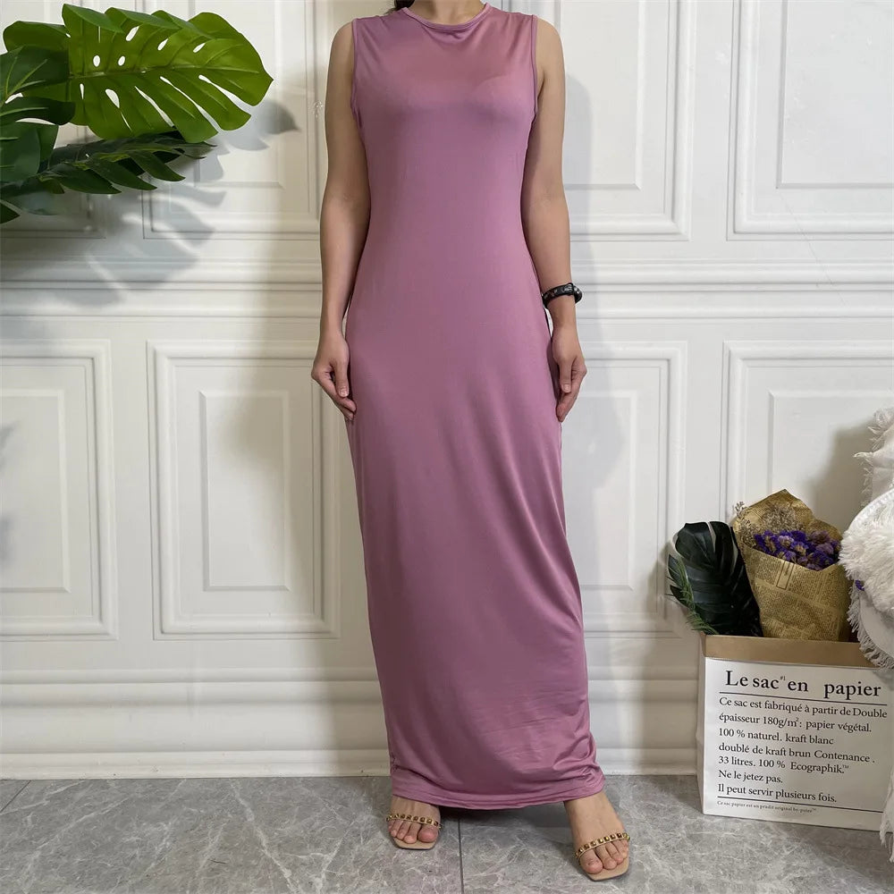 Muslim Women Lady Long Maxi Dress Sleeveless Underdress Slim Arabic Abaya Robe Ramadan Kaftan Turkish Dubai Clothing Middle East EEJ115-7Purple Pink