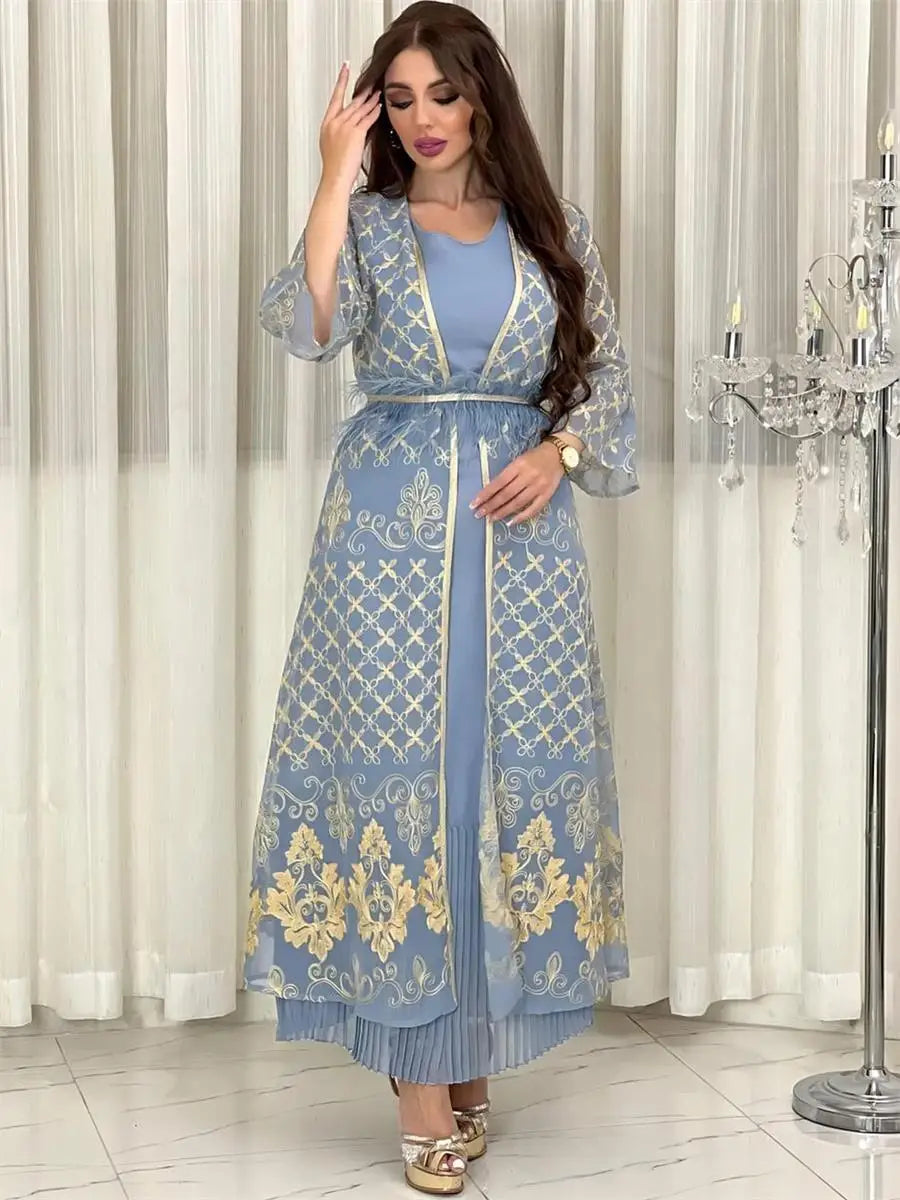 Turkish Dubai Luxury Floral Gold Stamping Evening Party Gown Set Eid Al-Adha Boubou Women Kaftan With Feathers Sashes Peacock Blue Robe