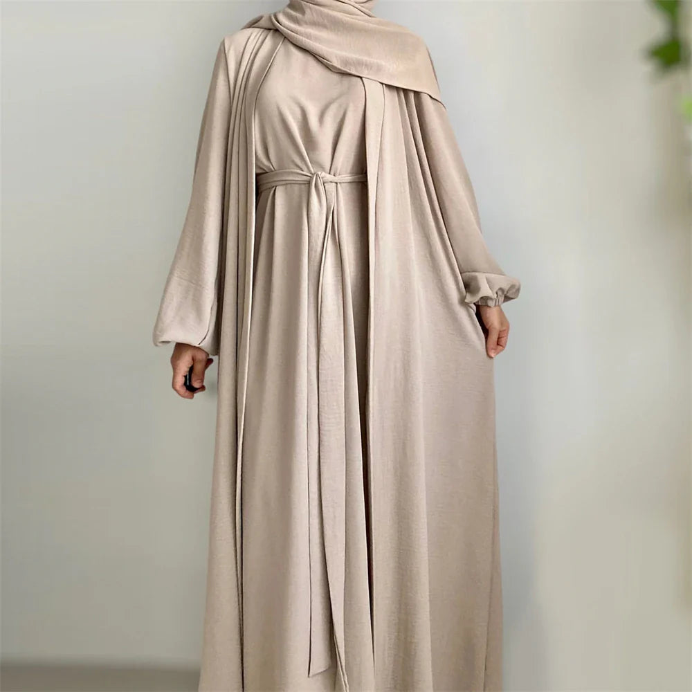 Eid Ramadan Muslim Women Open Abaya Kimono Inner Maxi Dress Hijab Sets 2/3 Pieces Dubai Islamic Arab Robe Kaftan Jalabiya Caftan 05 Khaki 2pcs