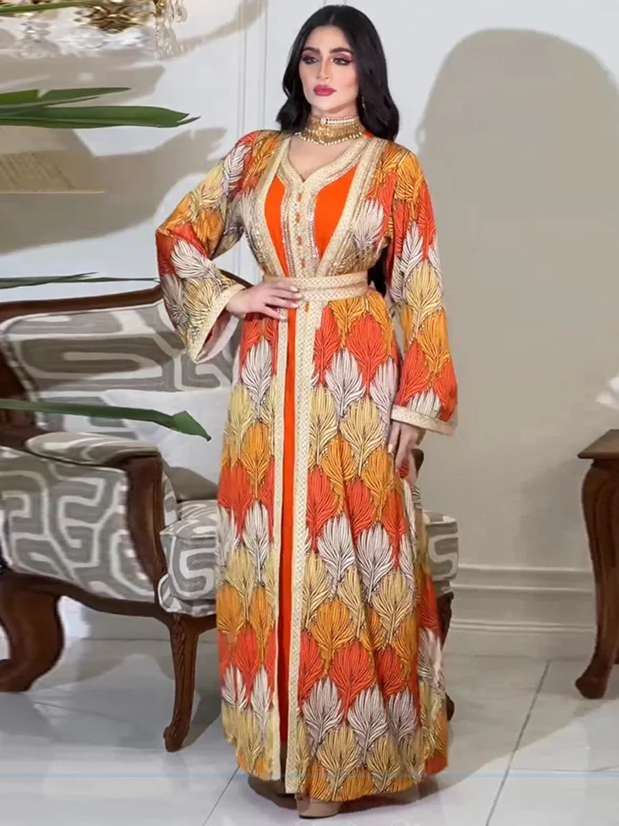 Gorgeous Party Evening Dresses Set for Women Muslim Chic Rhinestone Tape Trim V Neck Long Sleeve Jalabiya and Kimono Abaya 2pcs Orange Dress