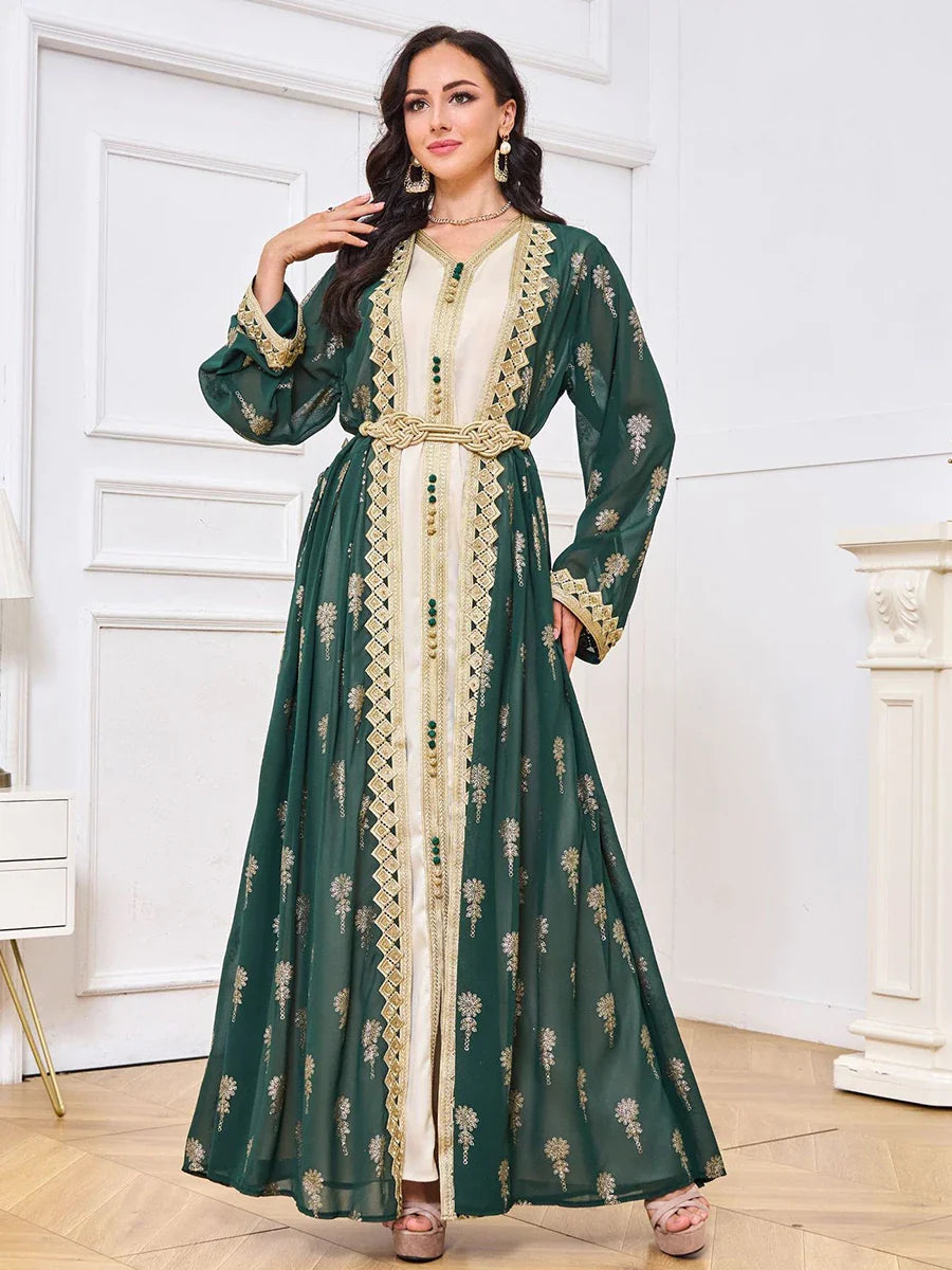 Arab Party Dress Abaya Women 2 Piece Set Islamic Clothing Belt Lace Tape Kaftan Vestidos Maxi Elegant Caftan Green Abaya