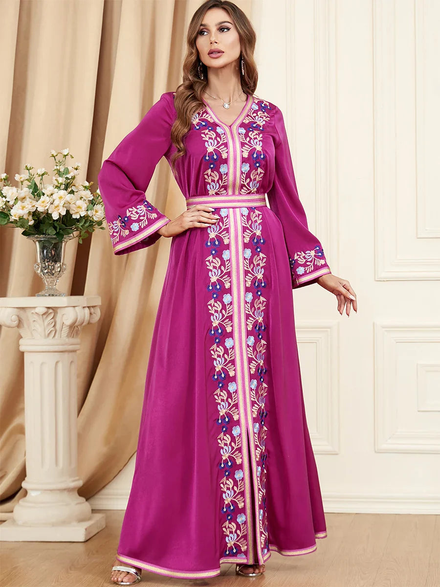 Ethnic Kuwaiti Women's Jalabiyat Abaya For Uae Dubai Female Solid Embroidery Belted Robe Ramadan Musulmane Caftan Dress Fuchsia Dress