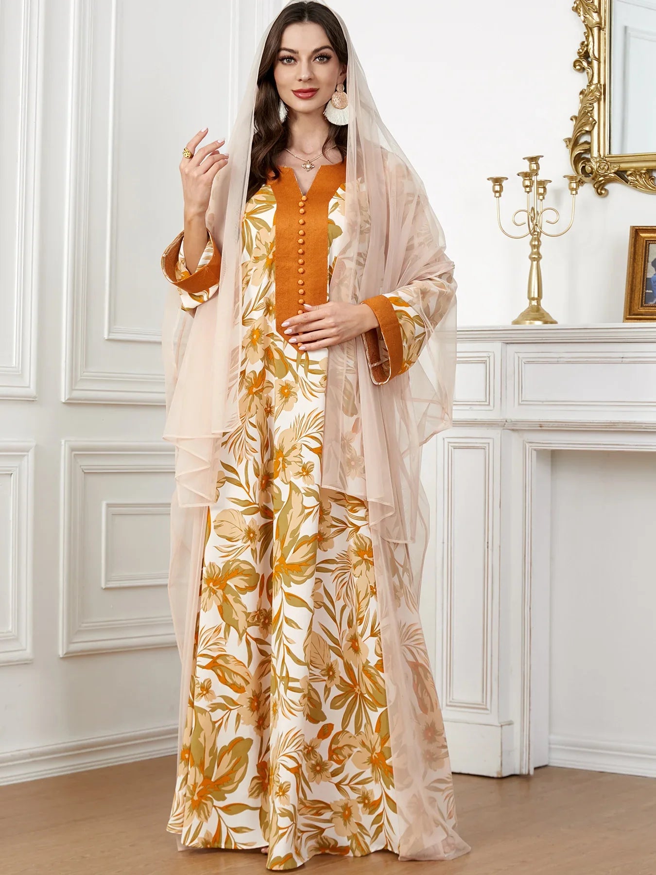 Kaftan for Woman Floral Print Dubai Saudi Jalabiya Islam Clothing Long Arabic Dress Ramadan Hijabi Robe Muslim Abaya (No Scarf)