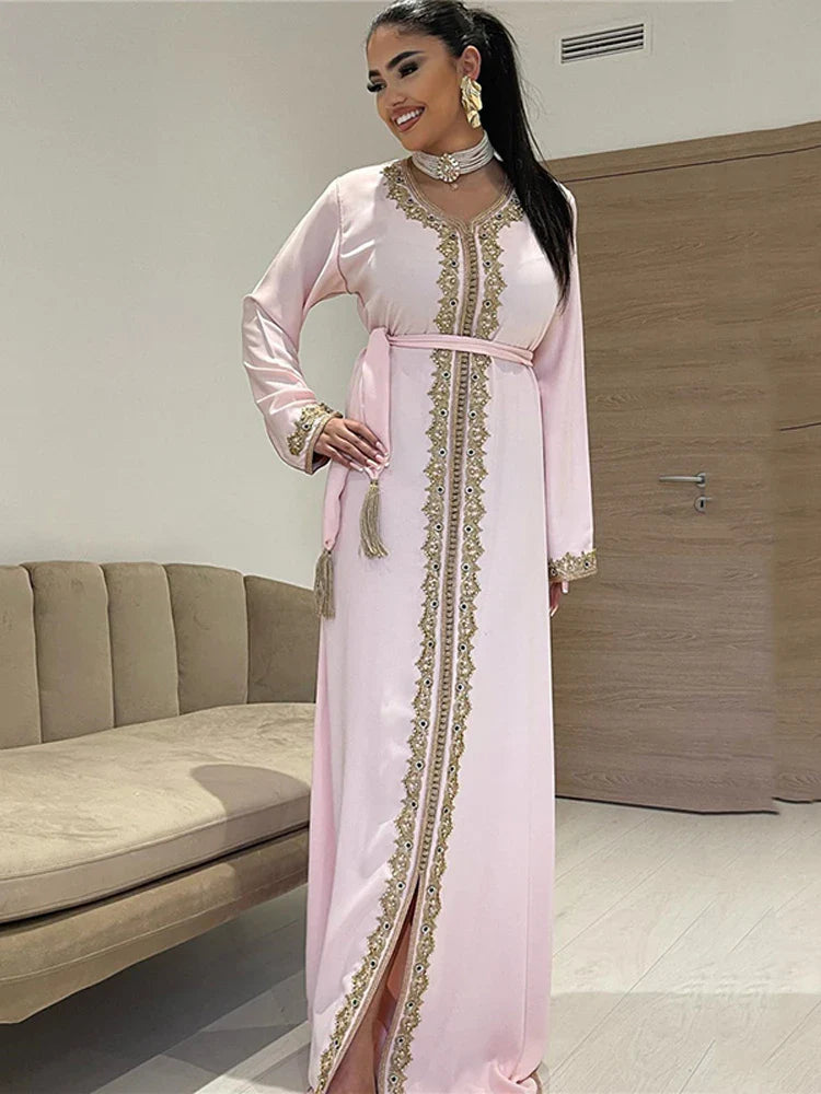 Pink Chiffon Moroccan caftan Evening Dresse Long Sleevees Lace Special Occasion Dress Luxurious Crystal Party Gown