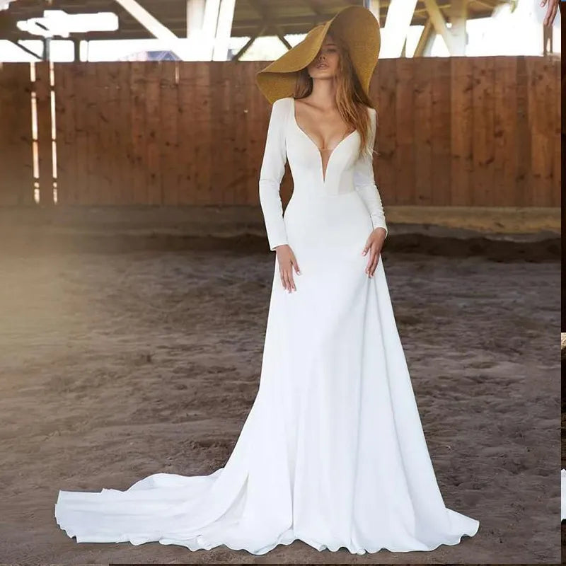 Simple Long Sleeves Wedding Dresses Sexy Deep V Neck Bridal Gown Backless Sweep Train Civil Robe De Mariee Country Marriage 14W