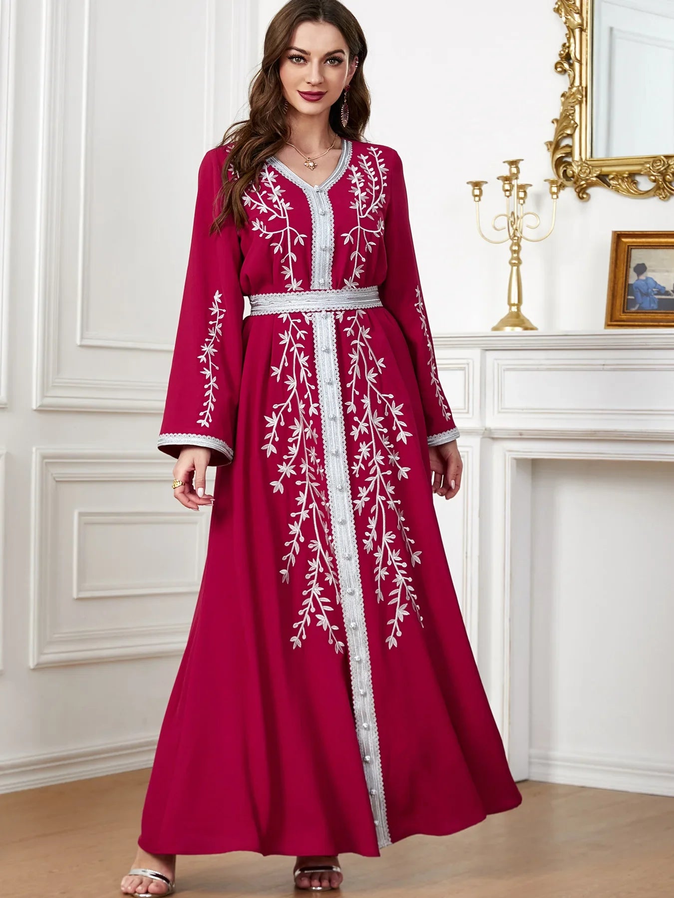 Eid Mubarak Muslim Embroidery Abayas For Women Maxi Dress Turkey Arabic Islam Moroccan Evening Party Jalabiya Caftan Gown Kaftan Red