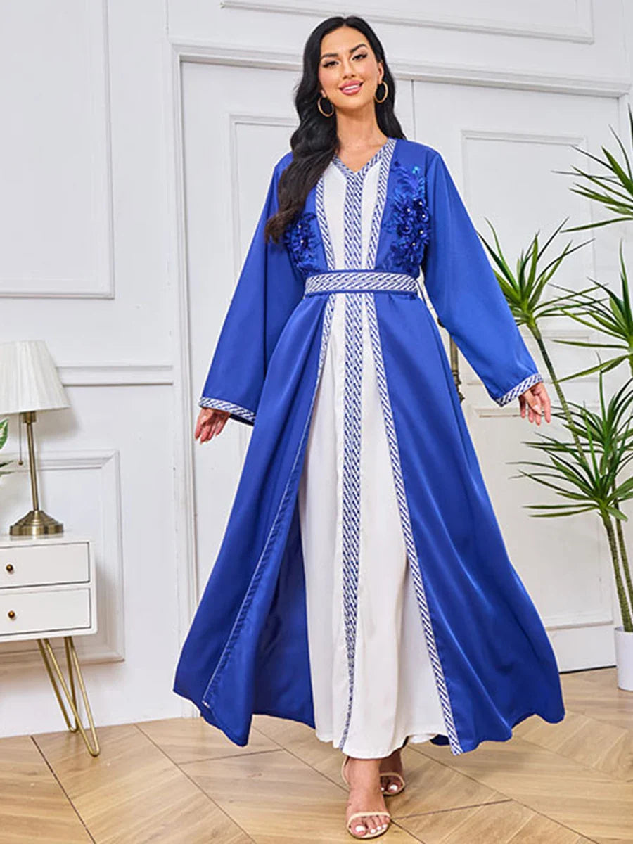 Fashion Moroccan Kaftan For Women 2 Piece Set Sashes Guipure Lace Insert Full Sleeve Elegant Chic Female Long Dresses Blue Dress