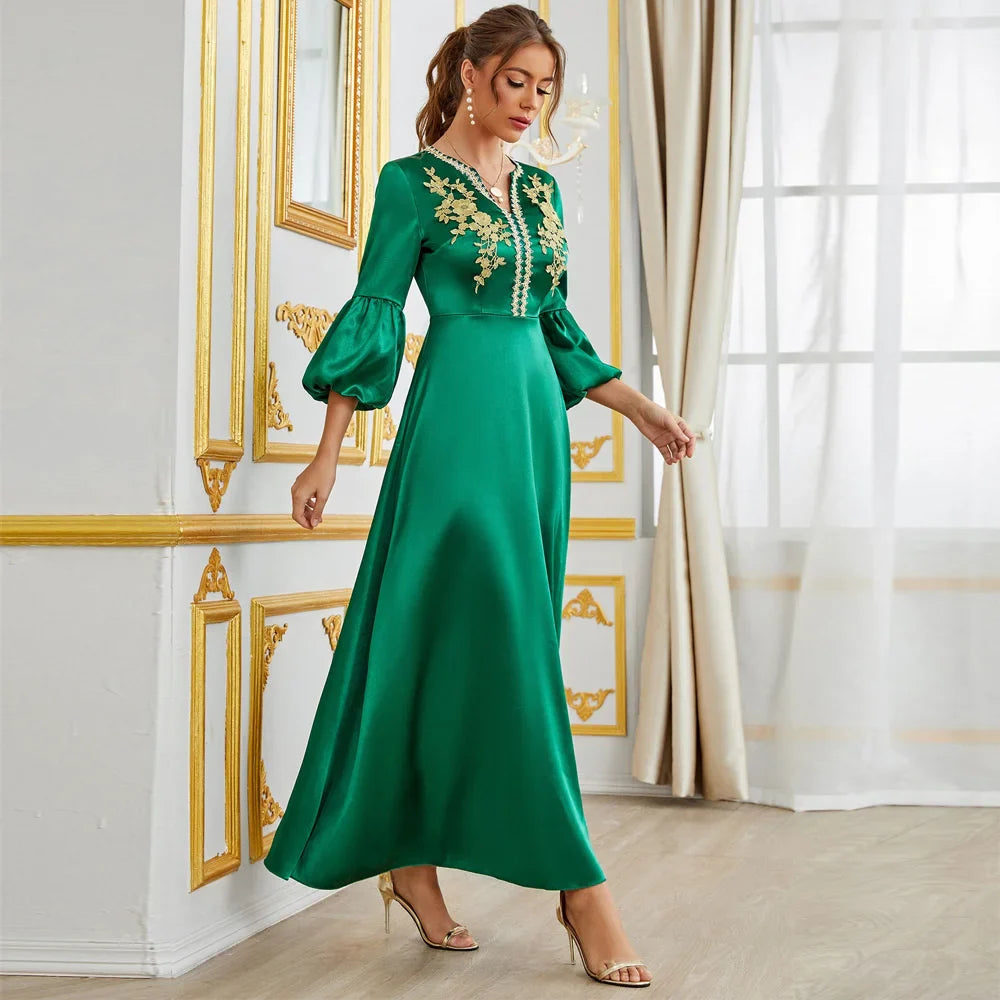 Moroccan Kaftan Caftan Wedding Green Puff Sleeves Muslim Women Party Decal Dress Dubai Arab Middle East Abaya For Women Clothing