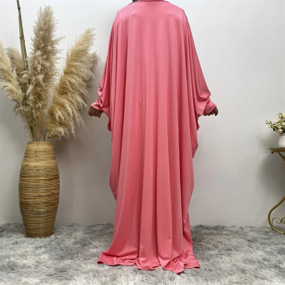 Ramadan Plain Abaya Prayer Long Dress Muslim Women Batwing Sleeve Free Size Hijab Robe Jilbab Islamic Dubai Saudi Modest Kaftan pink abaya One Size