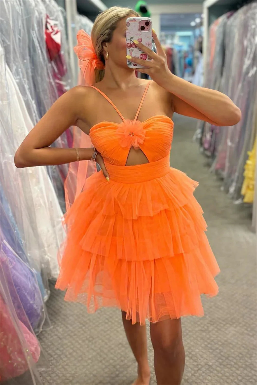 Spaghetti Strap Halter Neck Prom Dresses Orange Tulle Evening Dress Tiered Ruffle Mini Knee-Length Formal Evening as pic CHINA