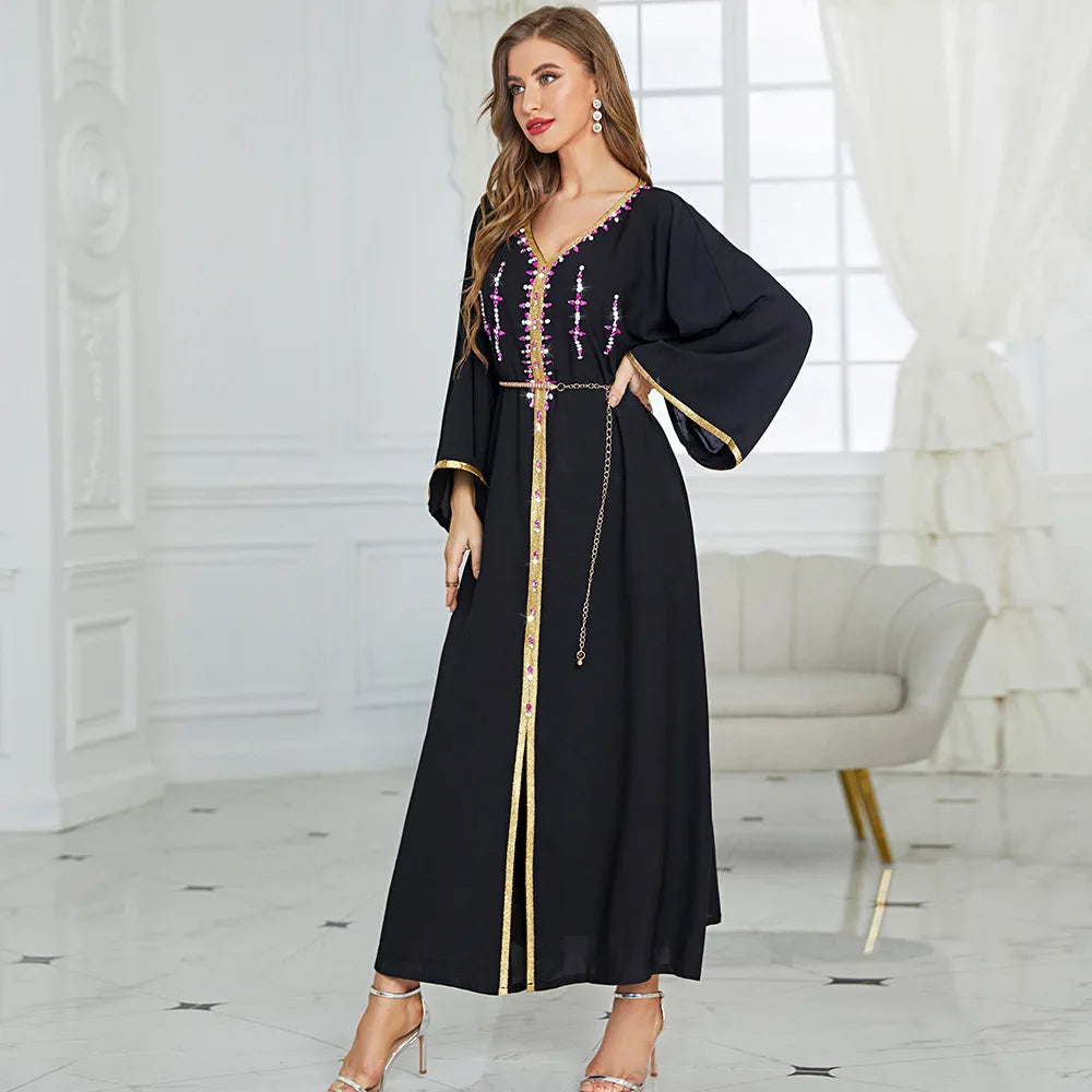 Elegant Caftan Women Lace Embroidery Muslim Abaya Maxi Dress Dubai Turkey Arabic Kaftan Islam Moroccan Party Evening Gown Kaftan EEC175-1 Black