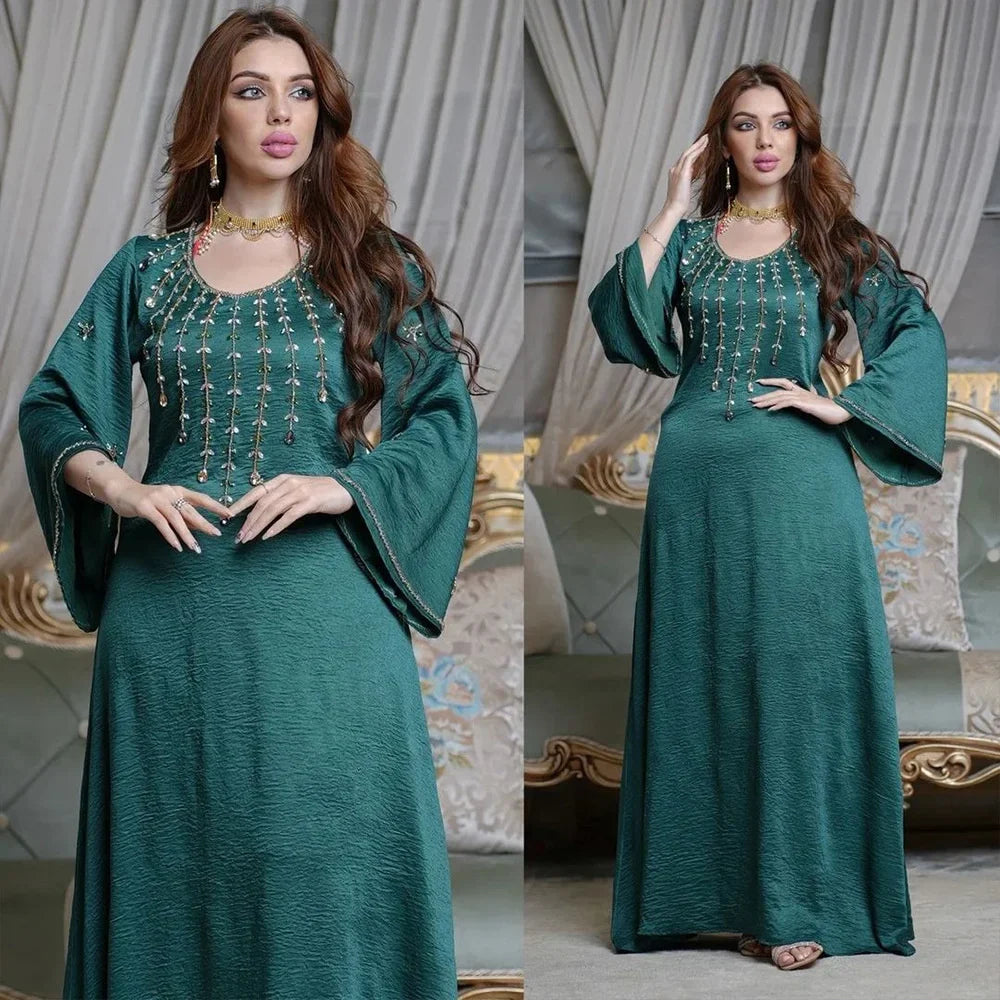 Muslin Dress Dubai Turkey New Dress Flare Sleeve With Diamond V-neck Loose Robe Ramadan Middle East Long Dress Elegant Evening