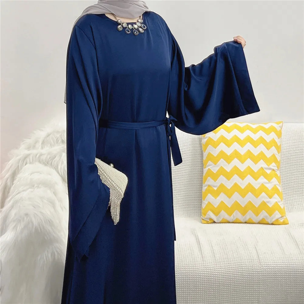 Elegant Shiny Satin Abaya Modest for Women Muslim Eid Dress Ramadan Kaftan Arabic Long Robe Dubai Femme Islamic Jalabiya Vestido 07 navy