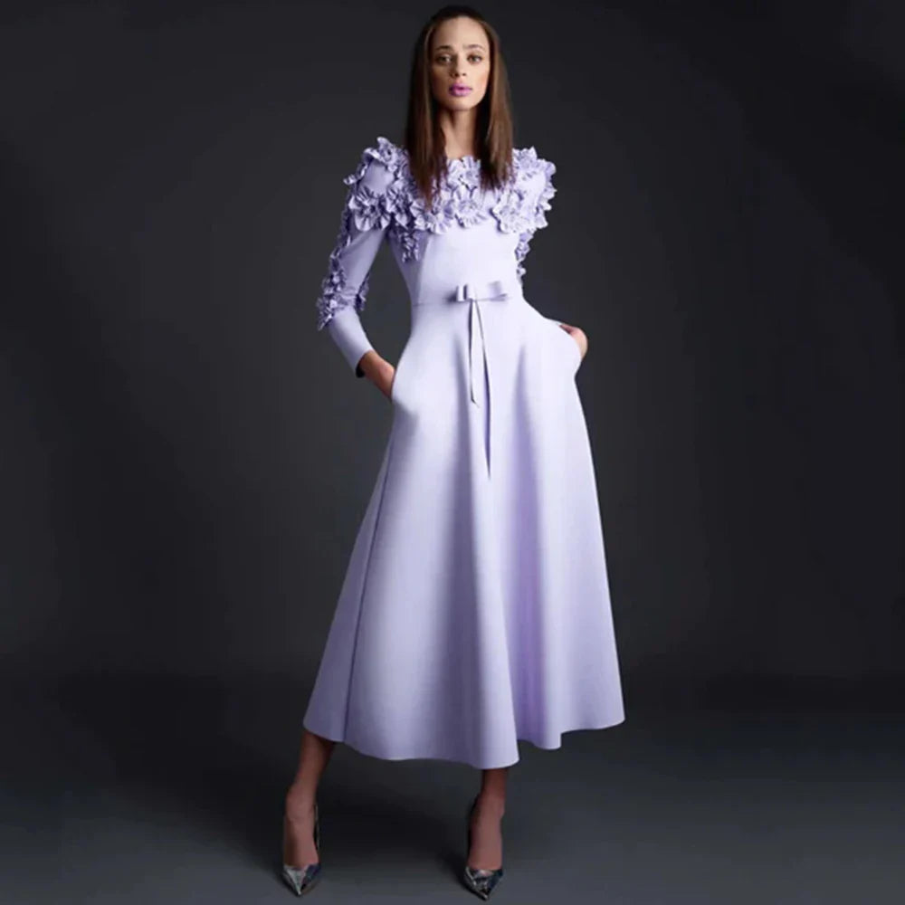 Chic Flowers Long Sleeve Evening Dress O-Neck A-Line Tea-Length Women Party Banquet with Pocket and Bow Lavender Zipper Gowns