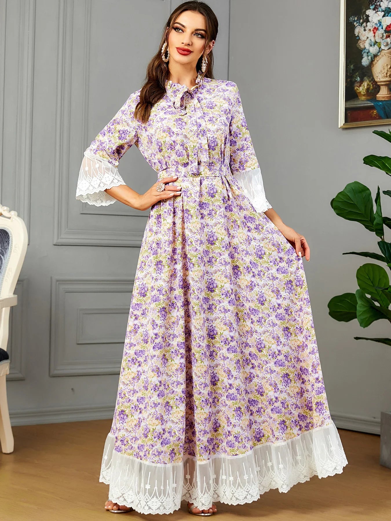 Floral Print Women' Long Dress Tie Front Ruffles Collar White Embroidered Lace Trimming Sweet Style Party Evening Robe Hijabi