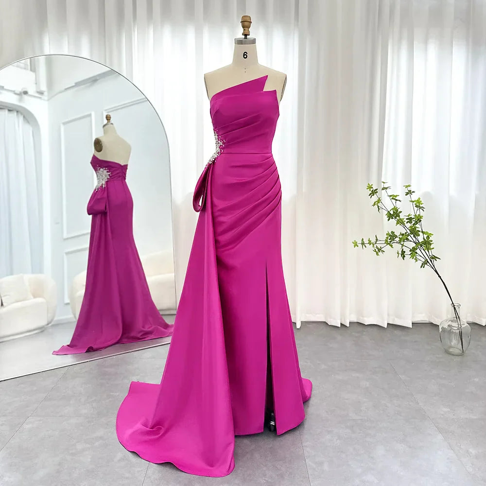 Elegant Mermaid Long Fuchsia Evening Dresses Arabic Overskirt Side Slit Women Wedding Formal Party Gowns SS402 Fuchsia