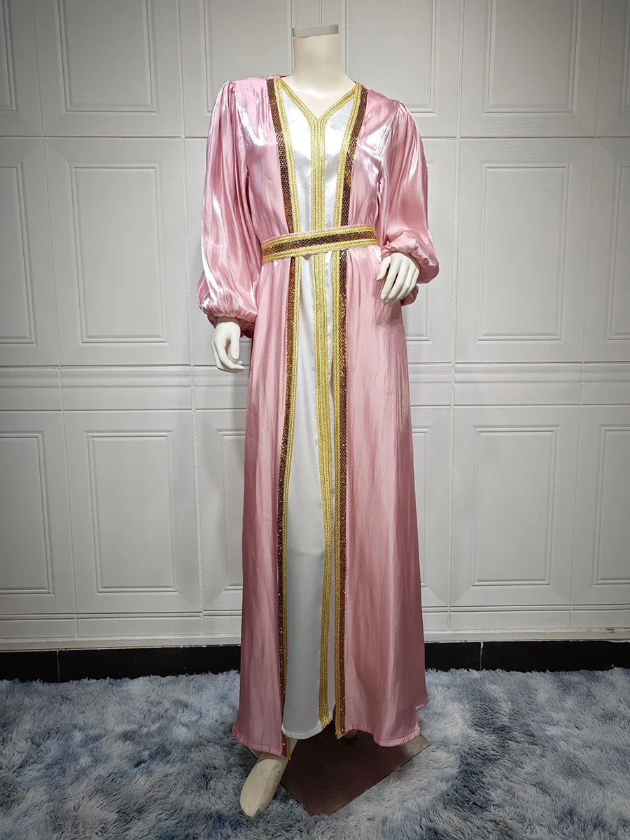 Dubai Abaya Luxury For Muslim Women Diamonds V-Neck Lace Tape Belted Kaftan 2pcs Modest Fashion Long Dresses Ramadan Clothes Pink Dress