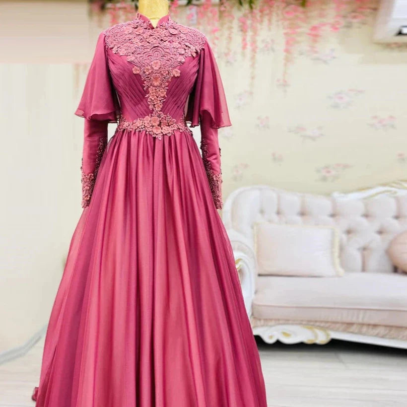 Rose Pink Hijab Engagement Evening Dresses A-Line Chiffon Beading Flowers Muslim Formal Prom Dress Robe De Soirée De Mariage