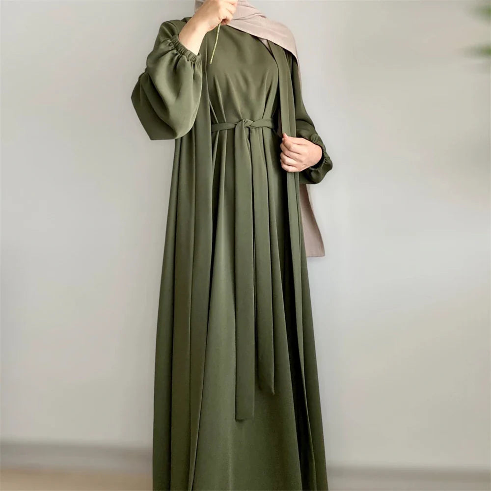 Eid Ramadan Muslim Women Open Abaya Kimono Inner Maxi Dress Hijab Sets 2/3 Pieces Dubai Islamic Arab Robe Kaftan Jalabiya Caftan 04Army Green 2pcs