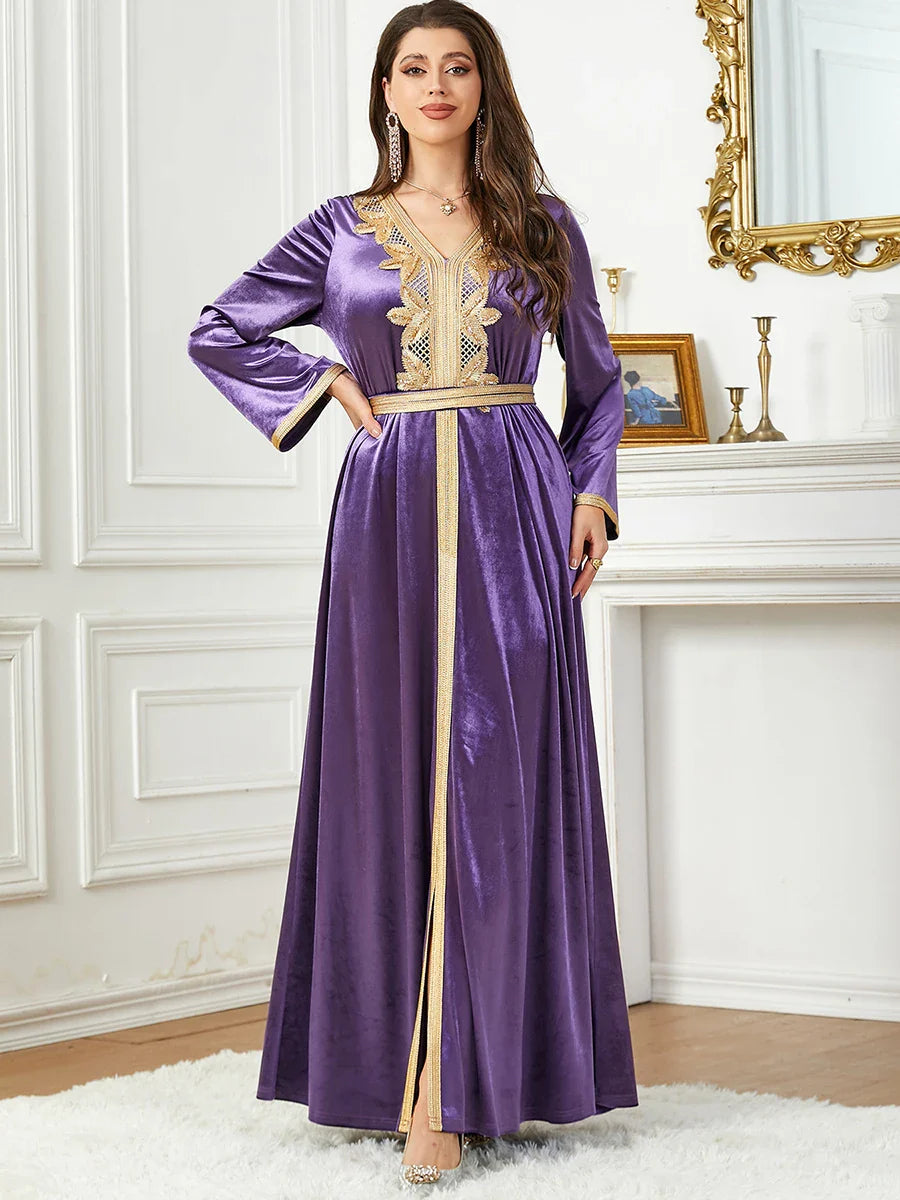 Velvet Autumn Winter Solid Evening Dress Jalabiyat Turkish Saudi Long Sleeve V-Neck Belted African Moroccan Abaya Purple Dress