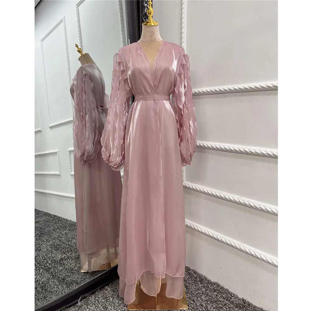 2024 Summer Elegant Women Muslim Open Abayas Cardigan Long Maxi Dresses Turkey Kimono Ramadan Kaftan Arab Robe Belt Dubai Caftan 04 Pink