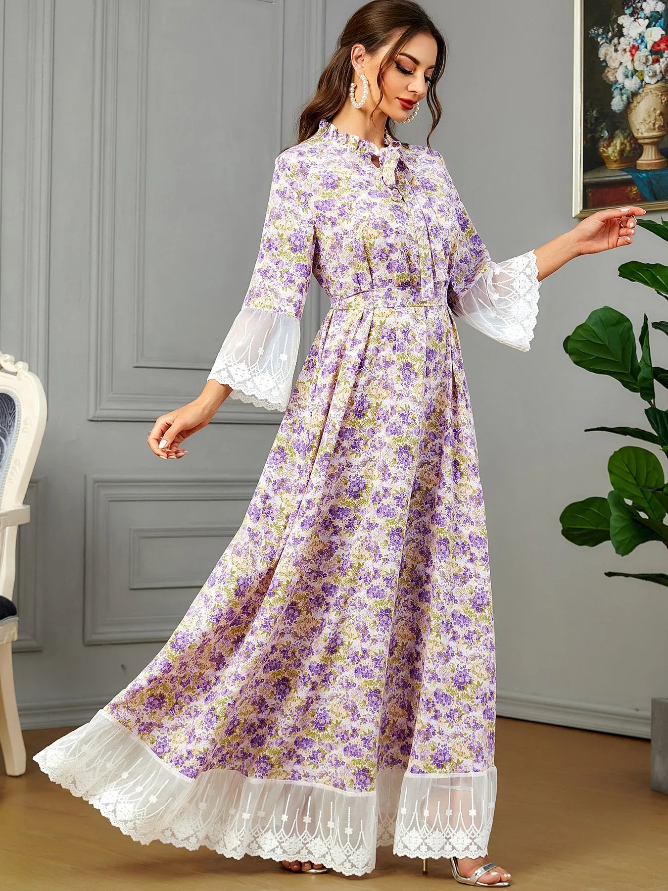 Floral Print Women' Long Dress Tie Front Ruffles Collar White Embroidered Lace Trimming Sweet Style Party Evening Robe Hijabi PURPLE