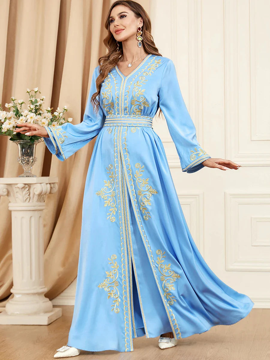 Fashion Ethnic Muslim Woman Abaya 2 Piece Set Moroccan Caftan Solid Embroidery Full Sleeve V-Neck Sashes Turkish Robe Blue Dress