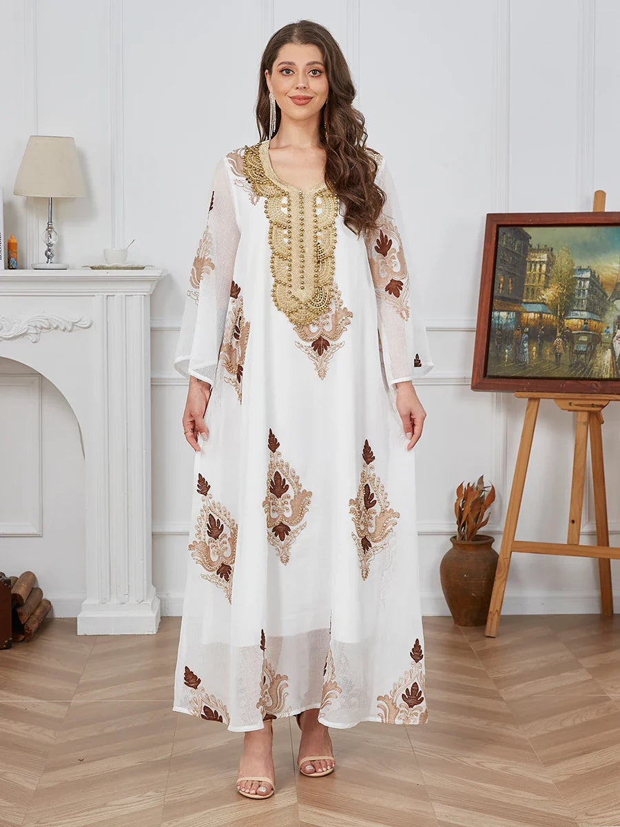 Fashion White Casual Beading Floral Embroidery Evening Party Dress Long Sleeve O-Neck Loose Abaya Moroccan Gulf Women White Dress