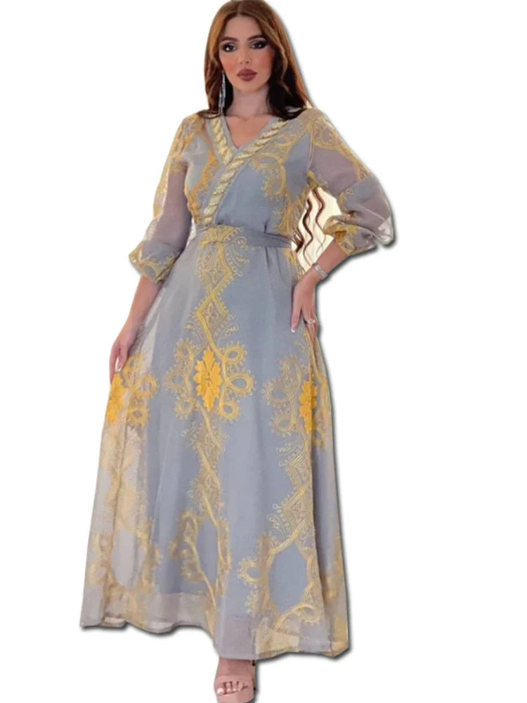 Arab Costumes Female Fashion Chic Mesh Embroidery Full Sleeve V-Neck Belted Clothing Muslim Elegant Women Evening Dress