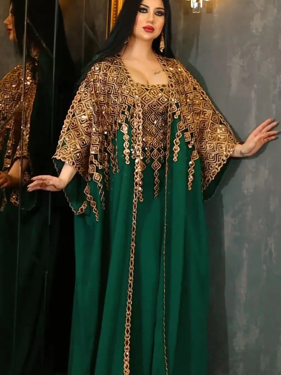 Muslim Eid Al-Adha Fashion Two Piece Shiny Embroidery Women Abayas And Vest Long Dress Overgarments Arabic Clothing Green Dress