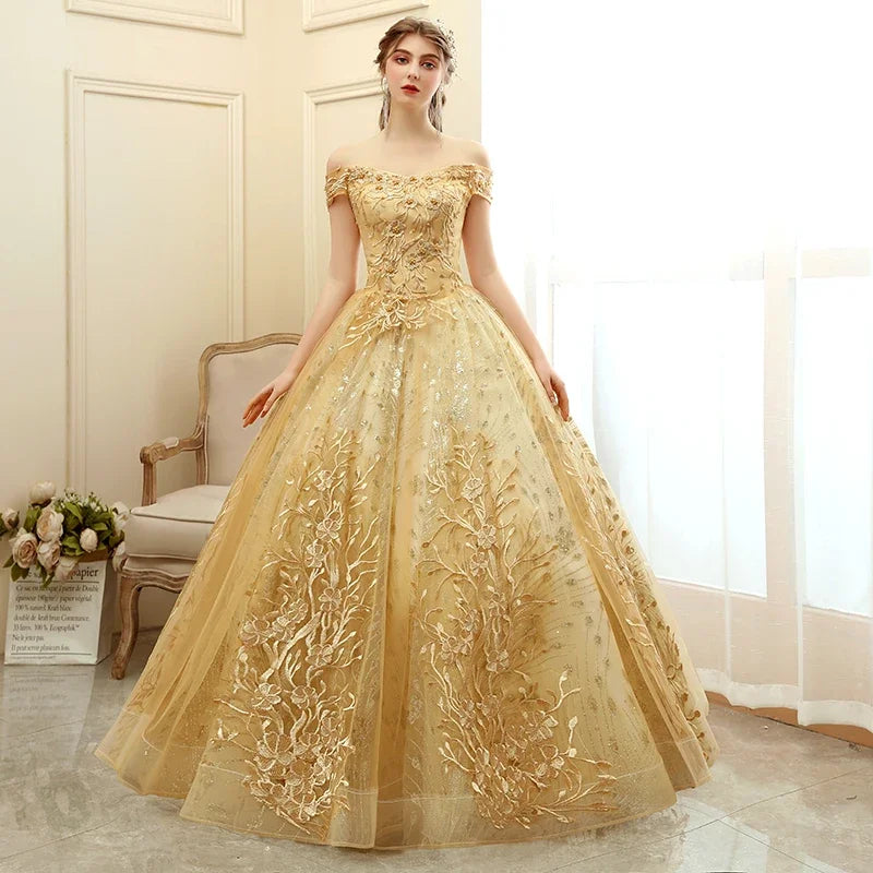 Off The Shoulder Party Gold Quinceanera Dress 2024 New Prom Dress Ball Gown Vintage Lace Quinceanera Gown Custom Plus Size Gold