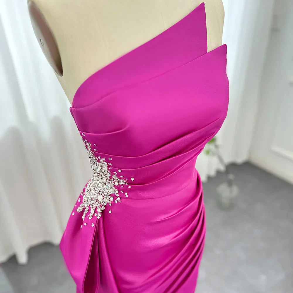 Elegant Mermaid Long Fuchsia Evening Dresses Arabic Overskirt Side Slit Women Wedding Formal Party Gowns SS402