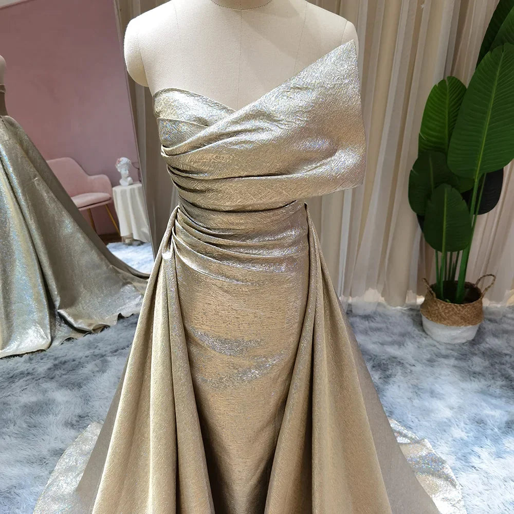 Gold Mermaid Evening Dress with Overskirt Luxury Long Prom Formal Dresses Black Girls Wedding Party GownsSS297