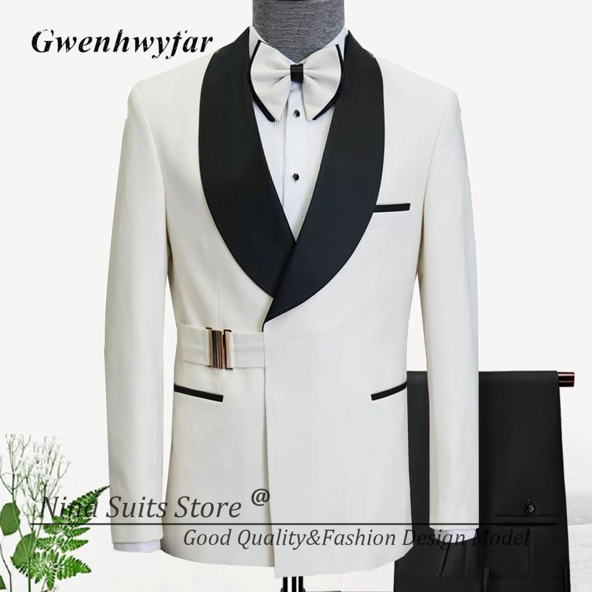 New Ivory Men Tuxedo Blazer with Buckle Custom Made Costume Homme Pants in Black/Ivory Fashion Man Prom Suits 2 Pieces Ivory