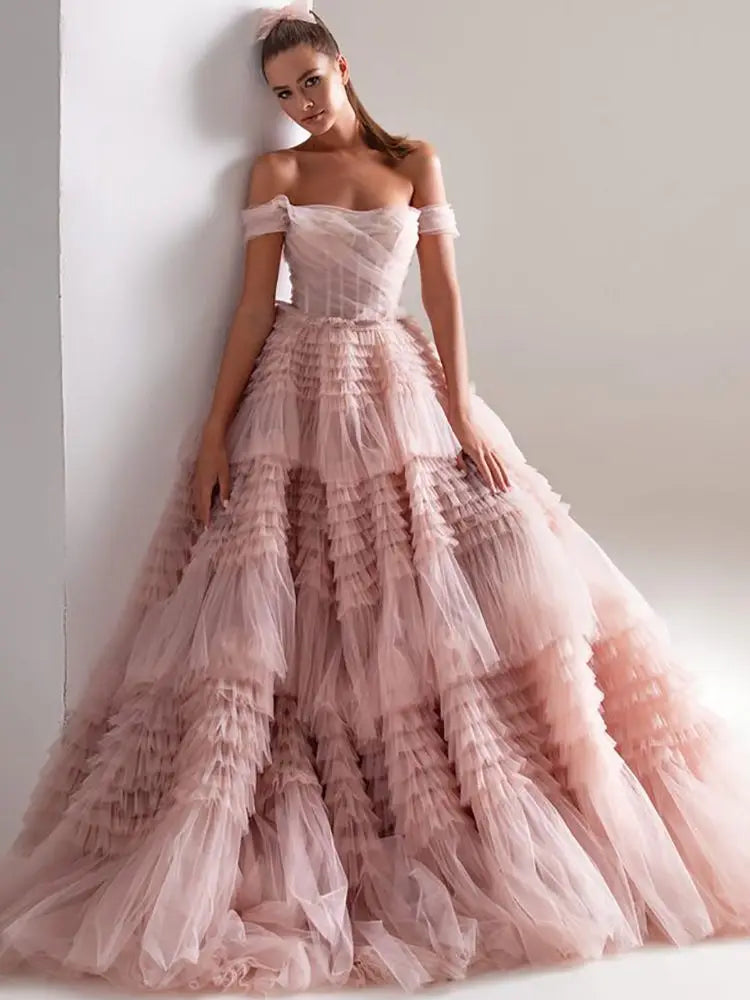 Light Pink Ball Gown Evening Dress Sweet Tulle Sweep Train Prom Dress Off Shoulder Party Dress فساتين مناسبة رسمية as pic