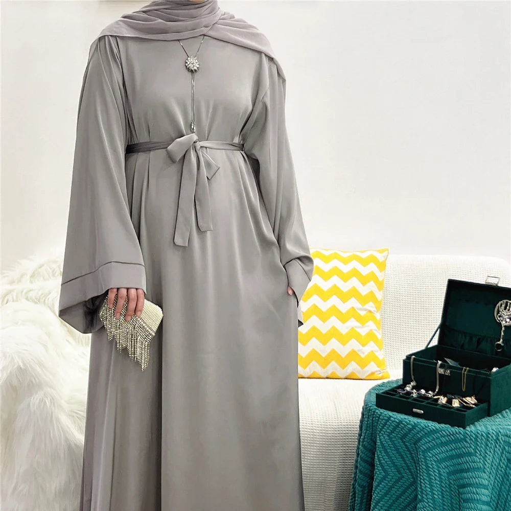 Elegant Shiny Satin Abaya Modest for Women Muslim Eid Dress Ramadan Kaftan Arabic Long Robe Dubai Femme Islamic Jalabiya Vestido 05 gray