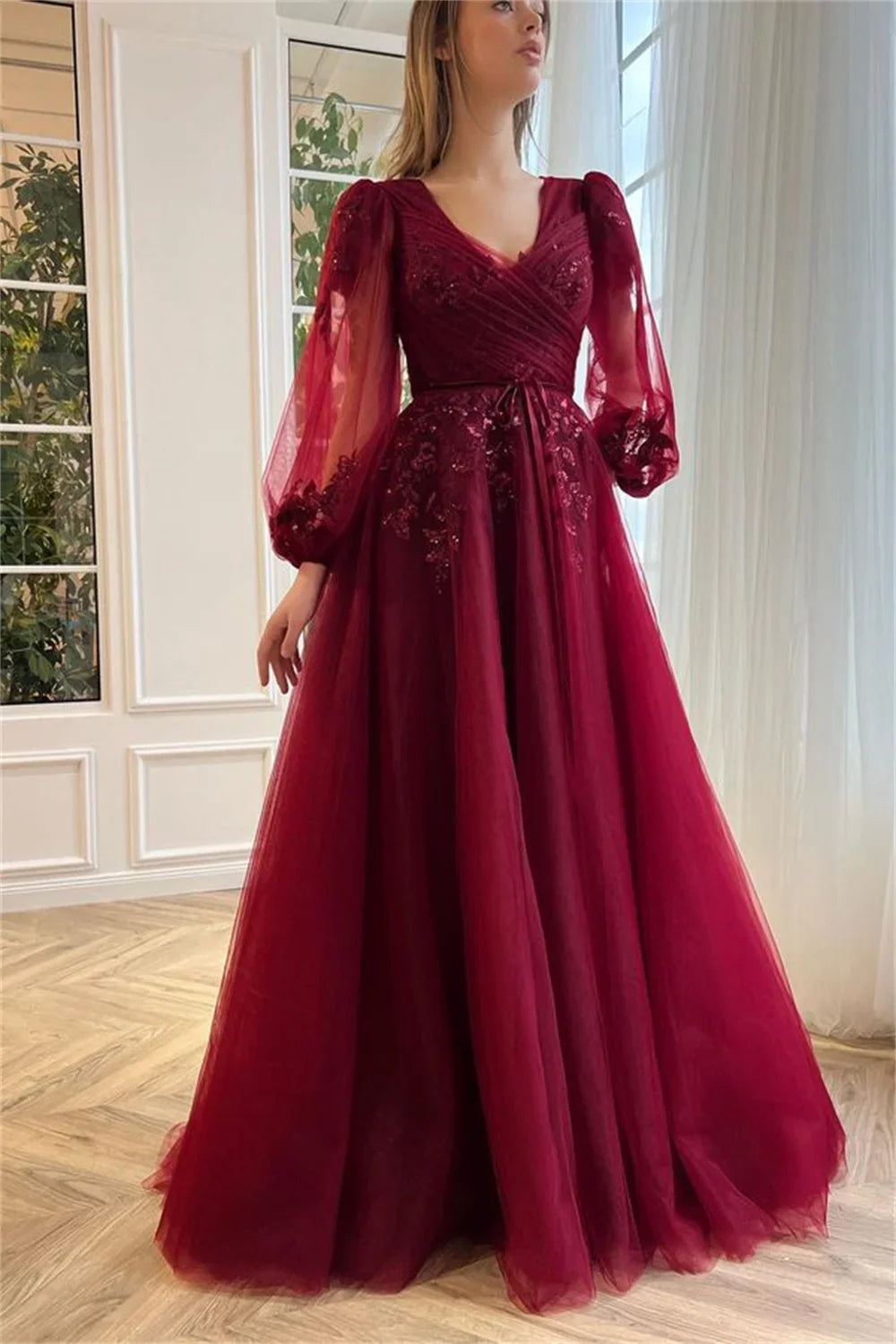 Wine Red Lace Appliques Prom Dresses A-line Tulle Wedding Dress Elegant Long Sleeves Floor-Length Vestidos De Fiesta