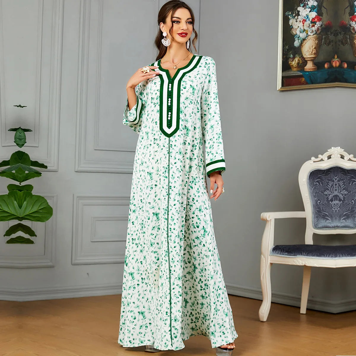 Muslim Evening Maxi Dress Towel Embroidered Women's Wear Button Fashion Kaftan Arabic Robe Casual Abaya Clothes 2024 Summer New Green