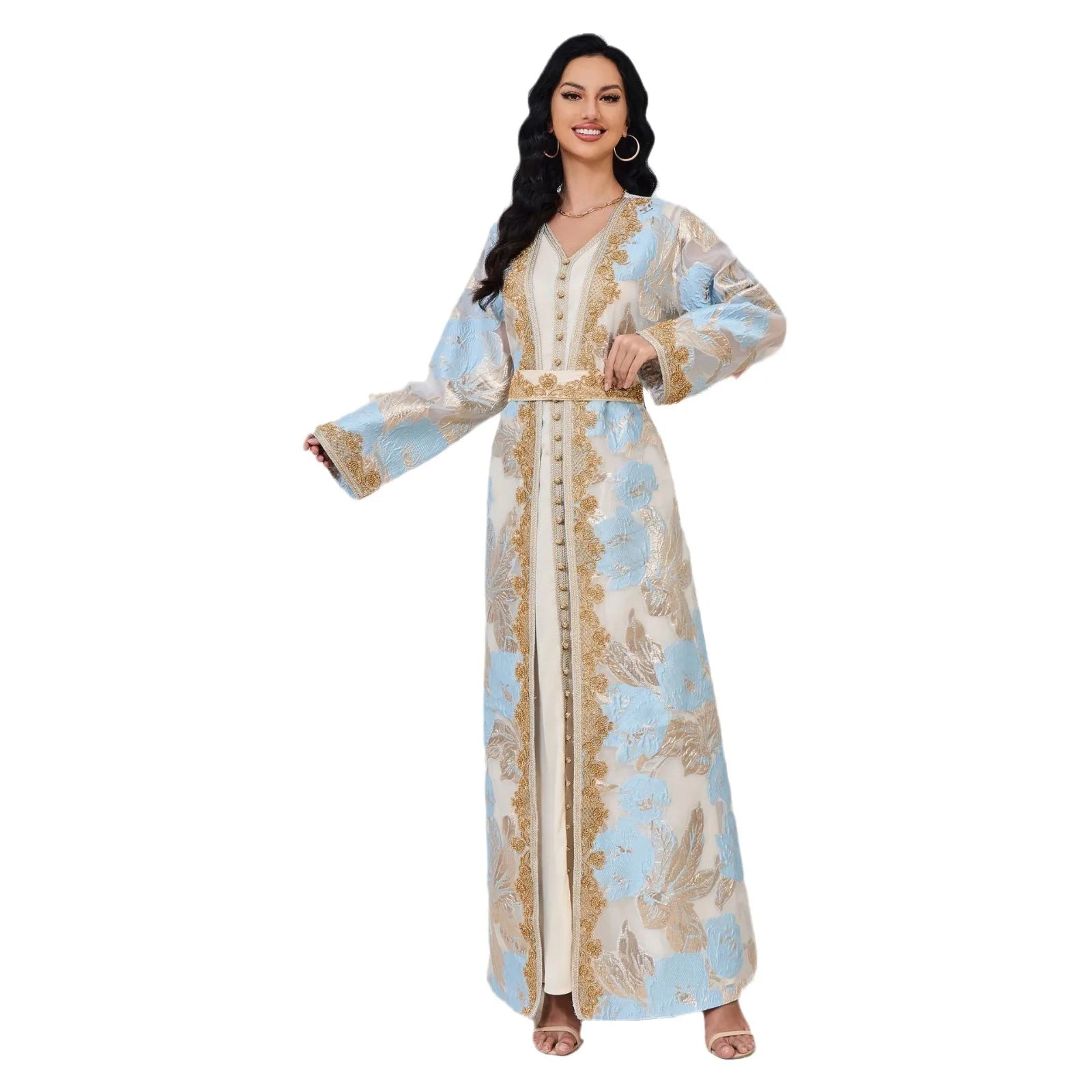 Moroccan Caftan 2 Pieces Set Muslim Dubai Abaya Kaftan For Wedding Women's New Flower Pattern Museum Long Dress Clothing