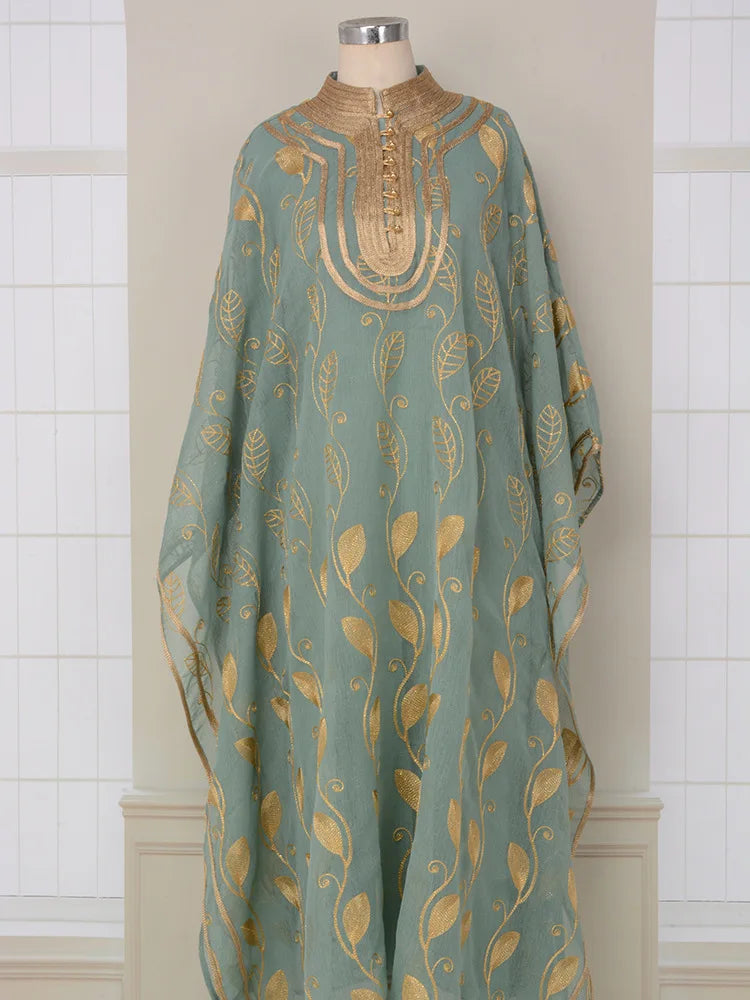 Leaf Embroidered Moroccan Kaftan Dress Dubai Kuwaiti Jalabiya Evening Party Islamic Caftan 2 Piece Set Ramadan Eid Muslim Abaya Light Green