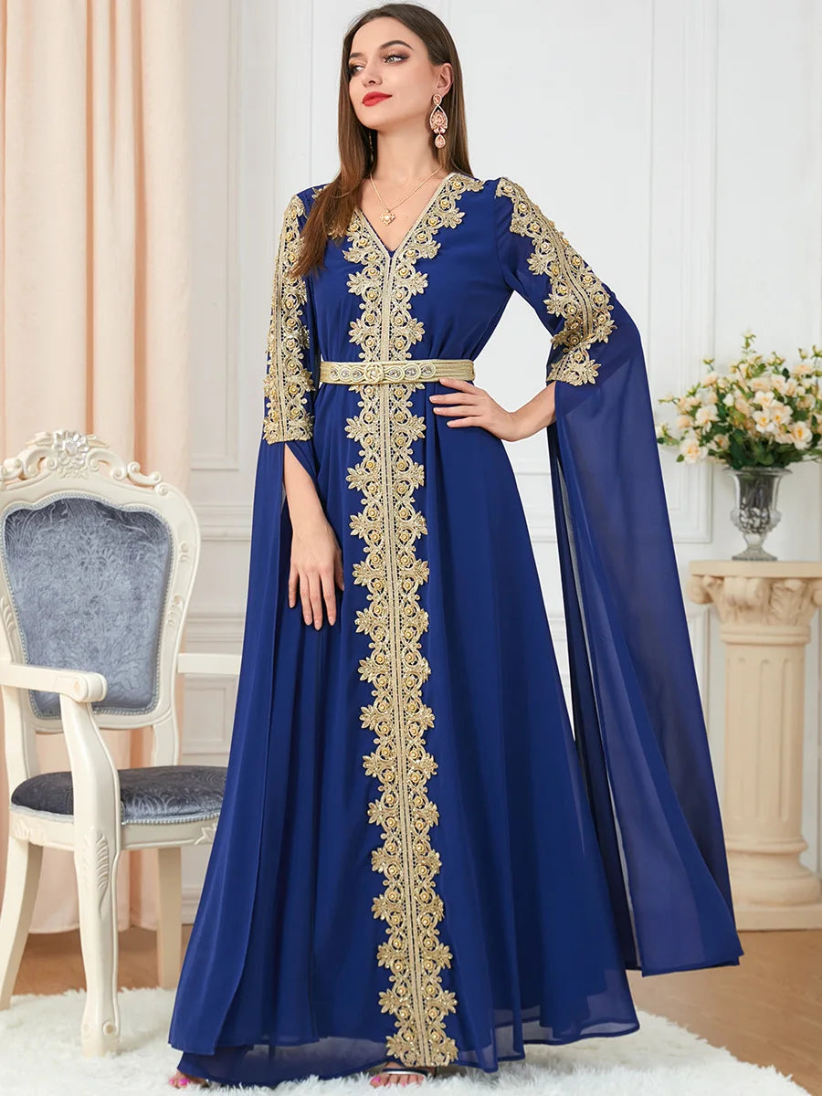 Ramadan Abaya Muslim Woma V-Neck Long Sleeve Chiffon Dress Floral Embroidery Lace Panel Belted Robe Moroccan Caftan Turkey Royal Blue Abaya