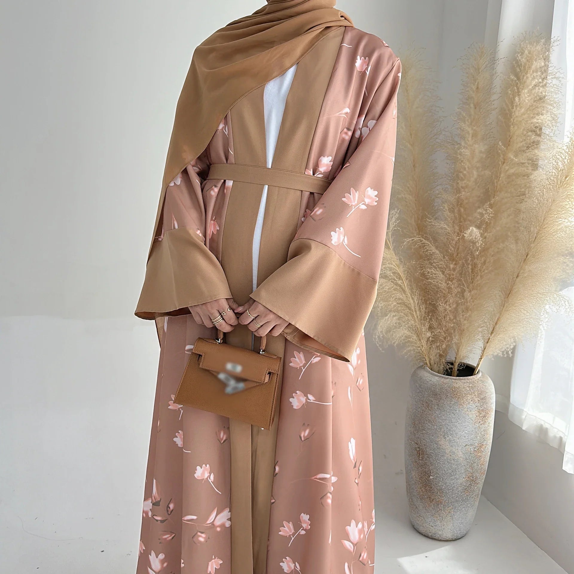 Floral Print Women Muslim Open Abaya Cardigan Maxi Dress Turkey Arabic Robe Eid Ramadan Kaftan Islamic Kimono Caftan Dubai Femme 060-3Khaki