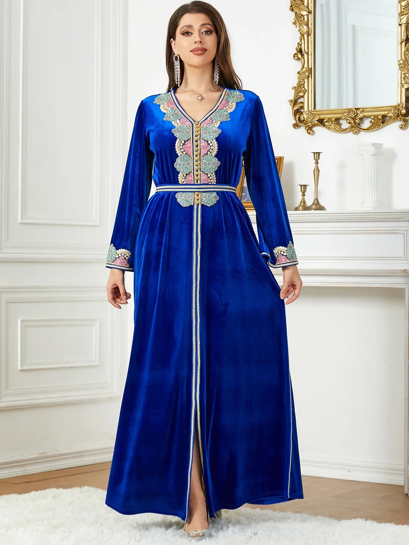 Winter Abaya Floral Appliques Velour Belted Arabic Dress Dubai Moroccan Islam Clothing Evening Party Muslim Women Kaftan Ramadan