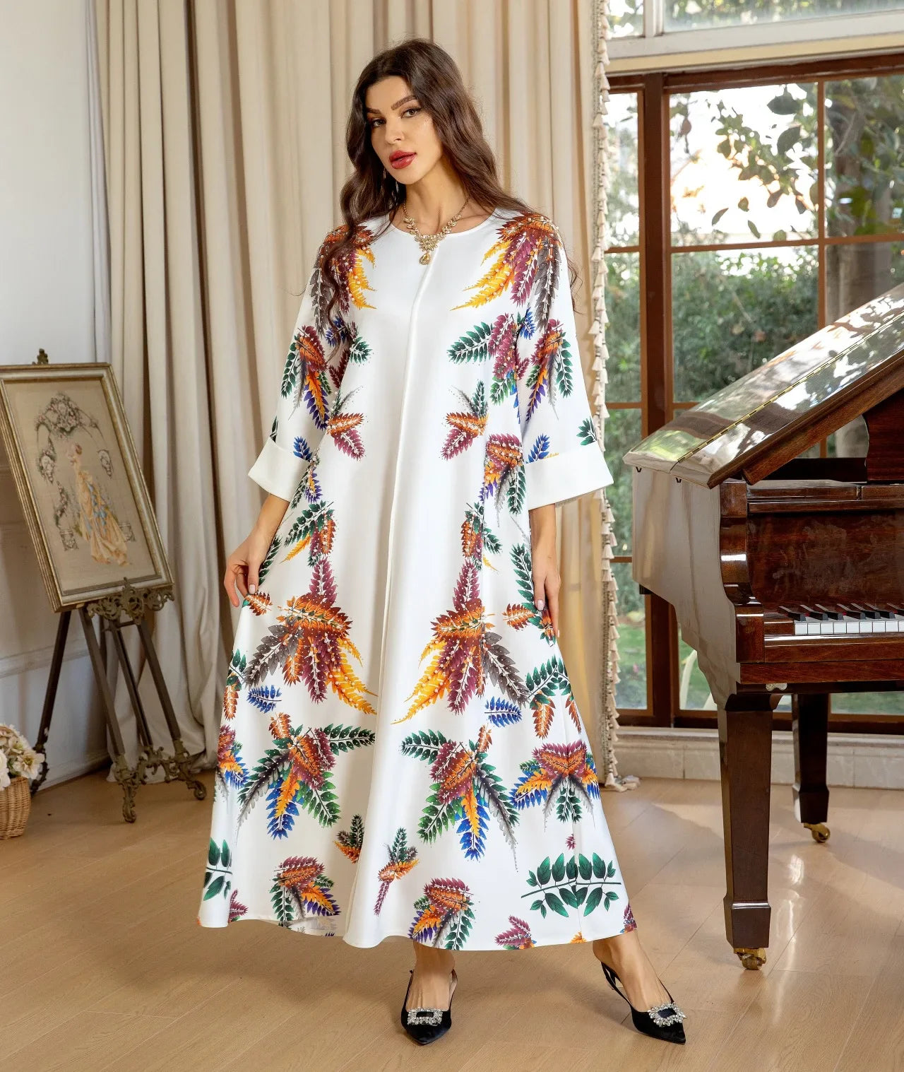 Moroccan Muslim Abaya Floral Print Women Long Maxi Dress Turkey Arab Dubai Eid Party Femme Ramadan Kaftan Jalabiya Vestidos Gown 072-4White