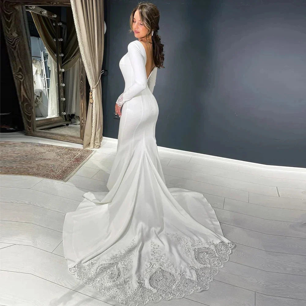 Luxurious Sexy Mermaid Satin Backless Mopping The Floor Wedding Dresses Long Sleeves Bridal Dresses Custom Made Robe Customize