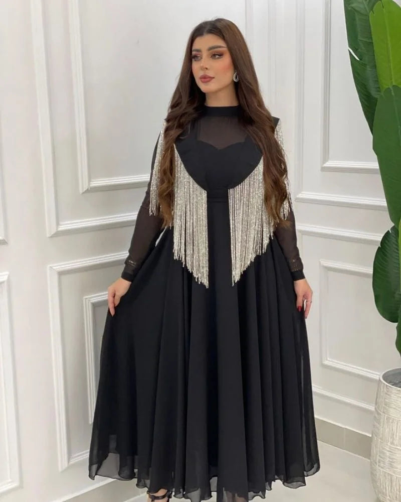 Ramadan Long Dress Moroccan Caftan 2023 Women's Spring Summer Big Swing Sexy High Waist Tassel Splice Chiffon Evening Dress