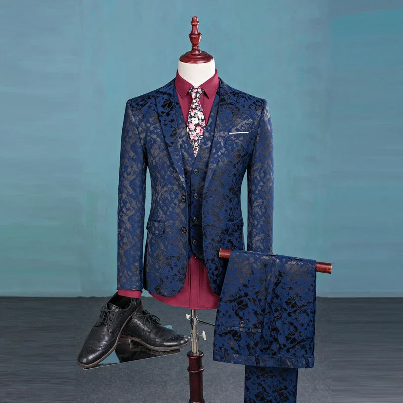 Fashion Boutique Men Leisure Business Suits Trousers Waistcoat / Male Flower Suit Blazers Jacket Coat Vest Pants 3 Pieces Sets 3 Pcs Set blue