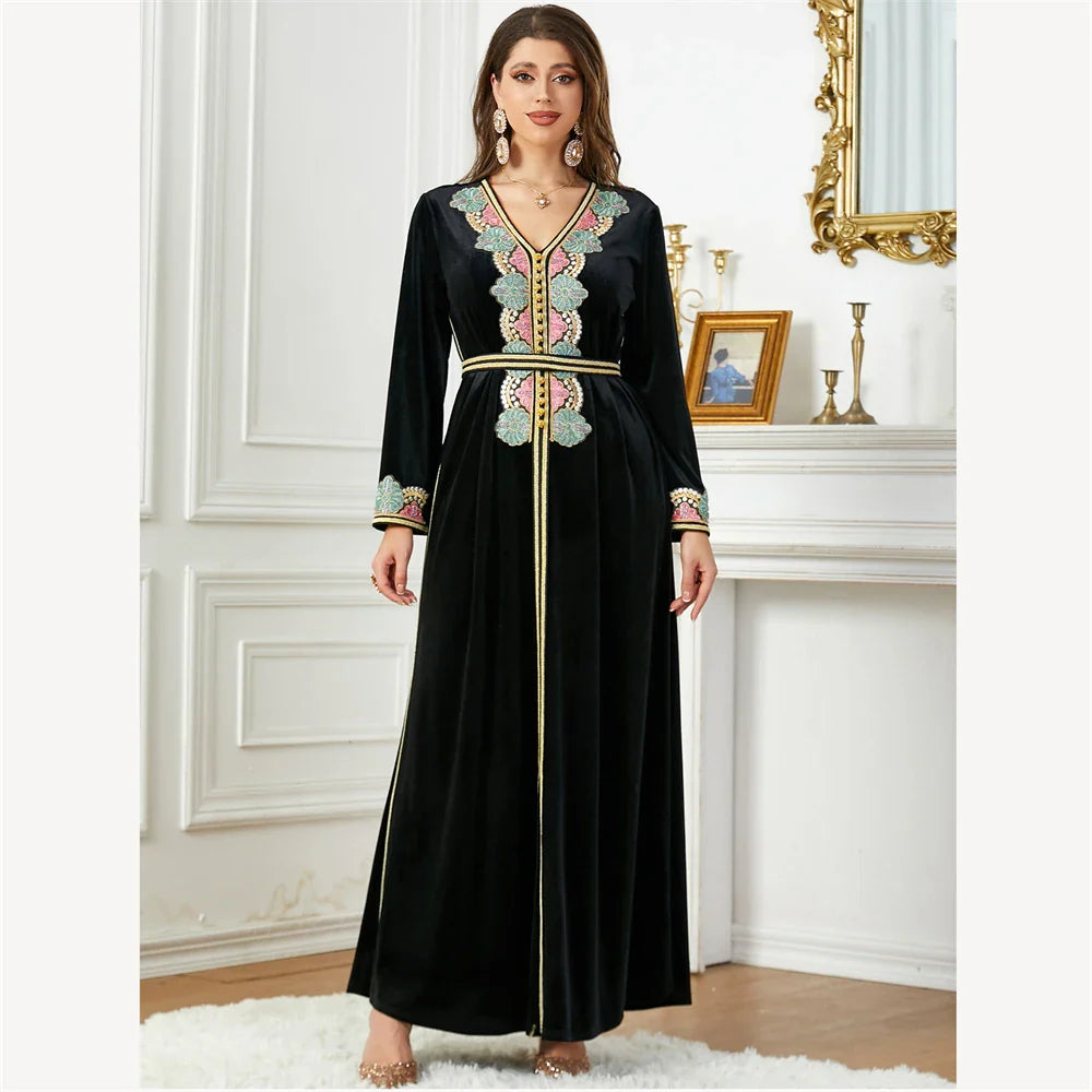 Velvet Autumn Winter Morocco Luxury Muslim Women Abaya V-neck Maxi Dress Turkey Arabic Islamic Kaftan Dubai Evening Party Kaftan 002-4 Black