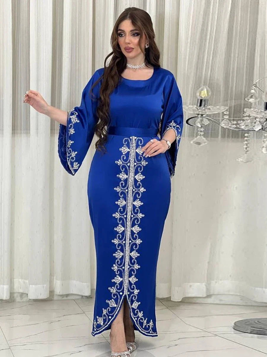 Dresses For Prom Kaftan Dubai Luxury Diamonds Formal Occasion Abaya Elegant Split Sleeve Ladies Long Wrap Dress With Belt Blue Dress